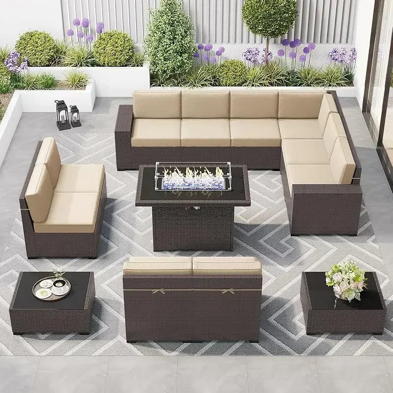 PatioLix 8 Piece Patio Furniture with 44"Propane Gas Fire Pit Table. Outdoor Sectional Conversation Set Wicker Rattan Sofa