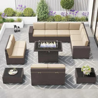 PatioLix 8 Piece Patio Furniture with 44"Propane Gas Fire Pit Table. Outdoor Sectional Conversation Set Wicker Rattan Sofa