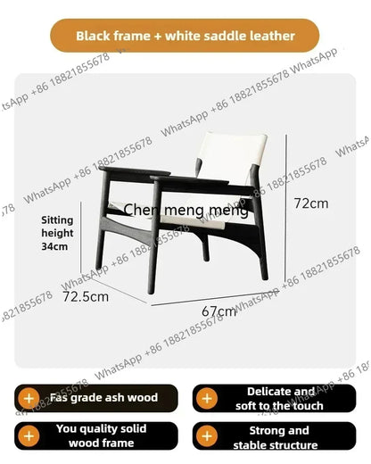 A178  High-end Leather Chair, Danish Leisure Single Back Chair, Solid Wood Saddle Leather Armchair, Home Balcony Leisure Chair