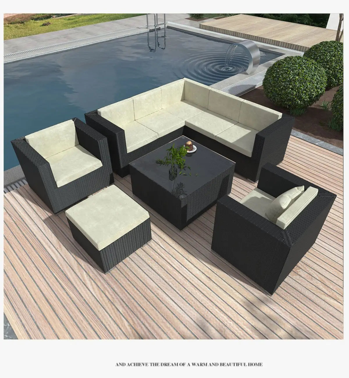 Rattan Garden Furniture Set, Outdoor Corner Sofa Couch, Handwoven Rattan Patio Conversation Set, Cushions and Glass Table