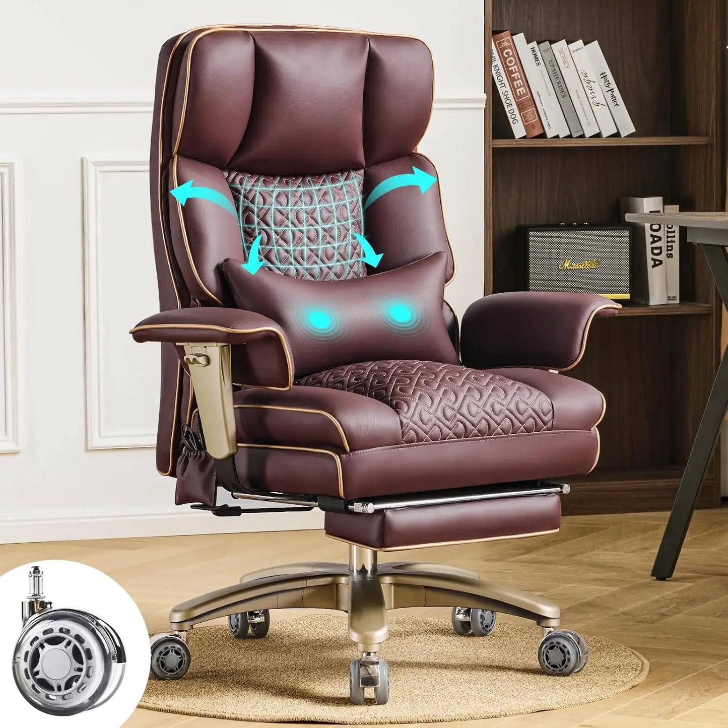 Big Tall Executive Office Chair 500lbs, Comfortable PU Leather Desk Chair with Footrest Adjustable Air Back Support, Lumbar Mass