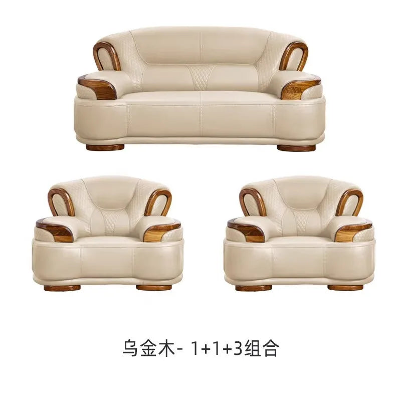 Ebony leather living room sofa combination modern simple light luxury new Chinese style solid wood first layer cowhide furniture