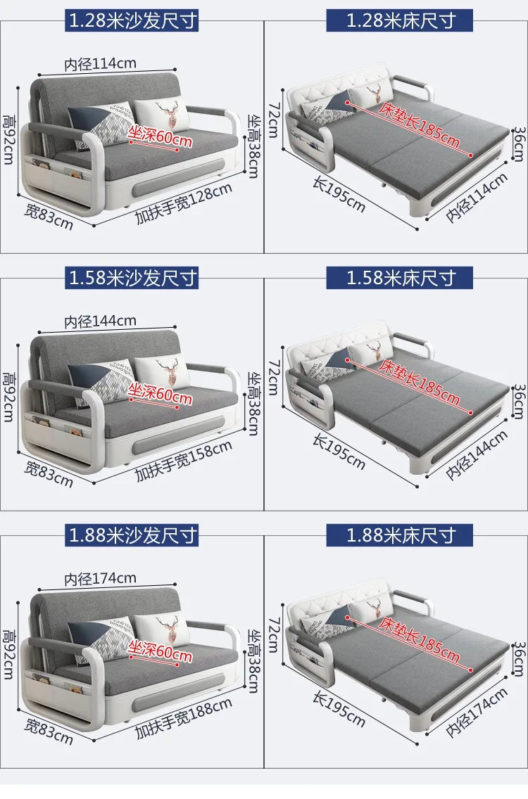 Modern Folding Sofa Bed with Fabric Upholstery Apartment Furniture Metal Frame Extendable for Living Room Dining Hotel Use