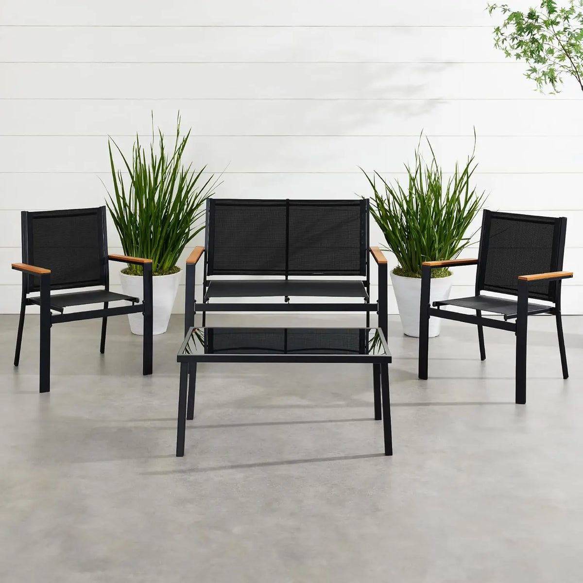 4-Piece Outdoor Textilene Patio Conversation Set, Backyard Furniture w/Loveseat, Coffee Table, Steel Frame - Black/Black