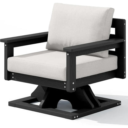 Outdoor Swivel Chairs, All-Weather Patio Swivel Sofas with Thick Cushions for Porch, Balcony, Black Frame with Beig