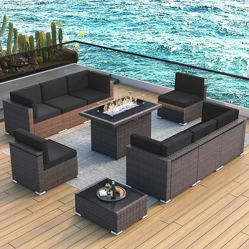 PatioLix 8 Piece Patio Furniture with 44"Propane Gas Fire Pit Table. Outdoor Sectional Conversation Set Wicker Rattan Sofa