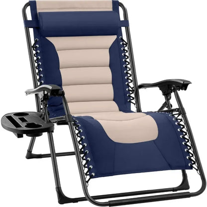 v Oversized Padded Zero Gravity Chair, Folding Outdoor Patio Recliner, XL Anti Gravity Lounger for Backyard w/Headrest, Cup Hold