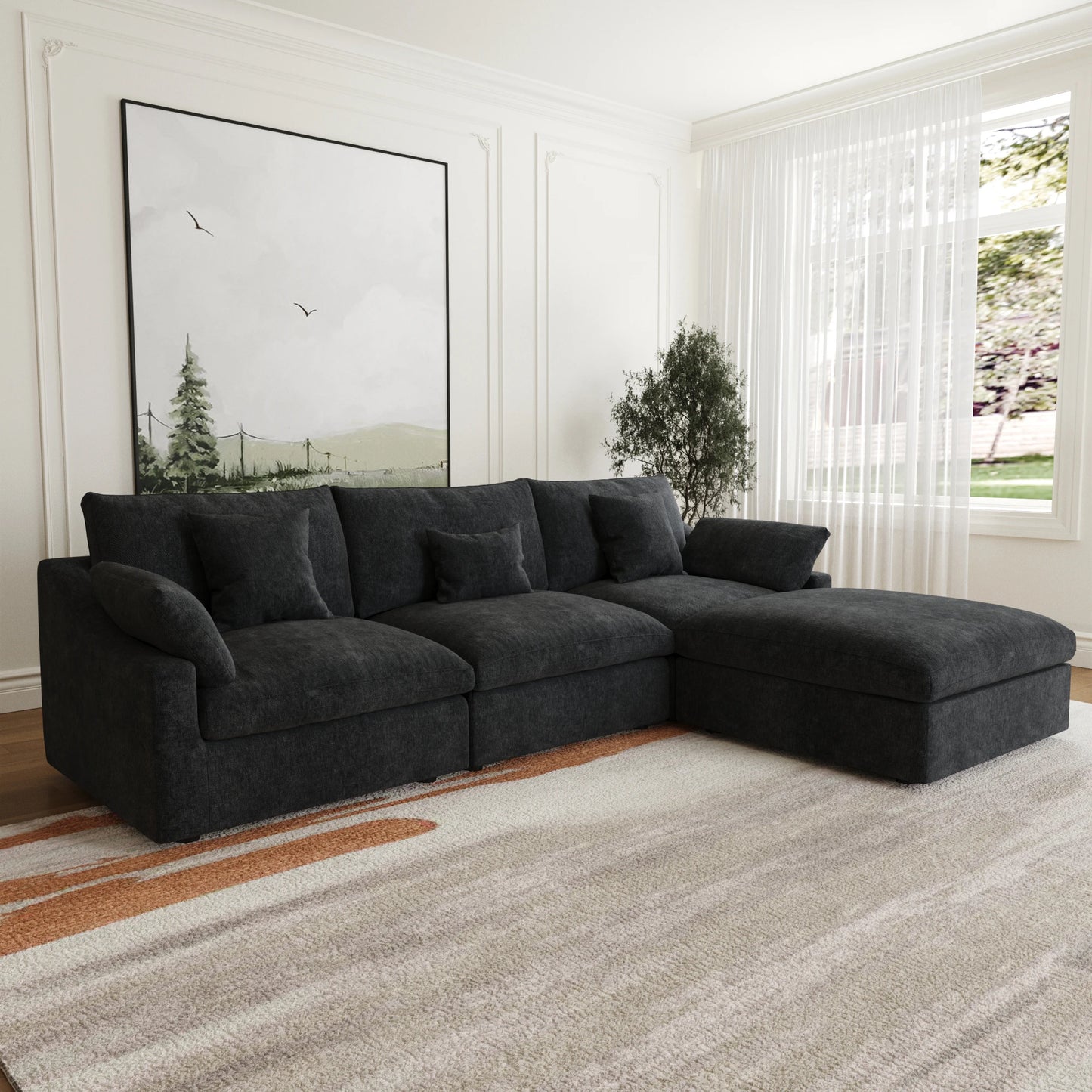 Sdorens 120'' Sectional Sofas for Living Room Modern Cloud Couch Down Filled L-Shaped 3Seater Couch with Ottoman