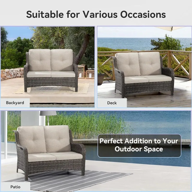 Outdoor Patio Wicker Loveseat Sofa - 2-Seater Rattan Sofa for Outside Patio Garden with Deep Seating and Olefin