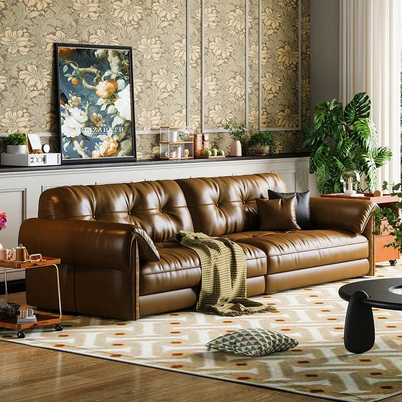 Oil wax leather sofa, French retro style, large and small apartment, living room straight combination