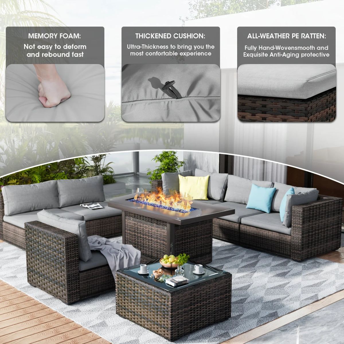 7 Pieces Outdoor Sectional Patio Furniture Set With Fire Pit Table Rattan Wicker Patio Sectional Conversation Set With Cushions