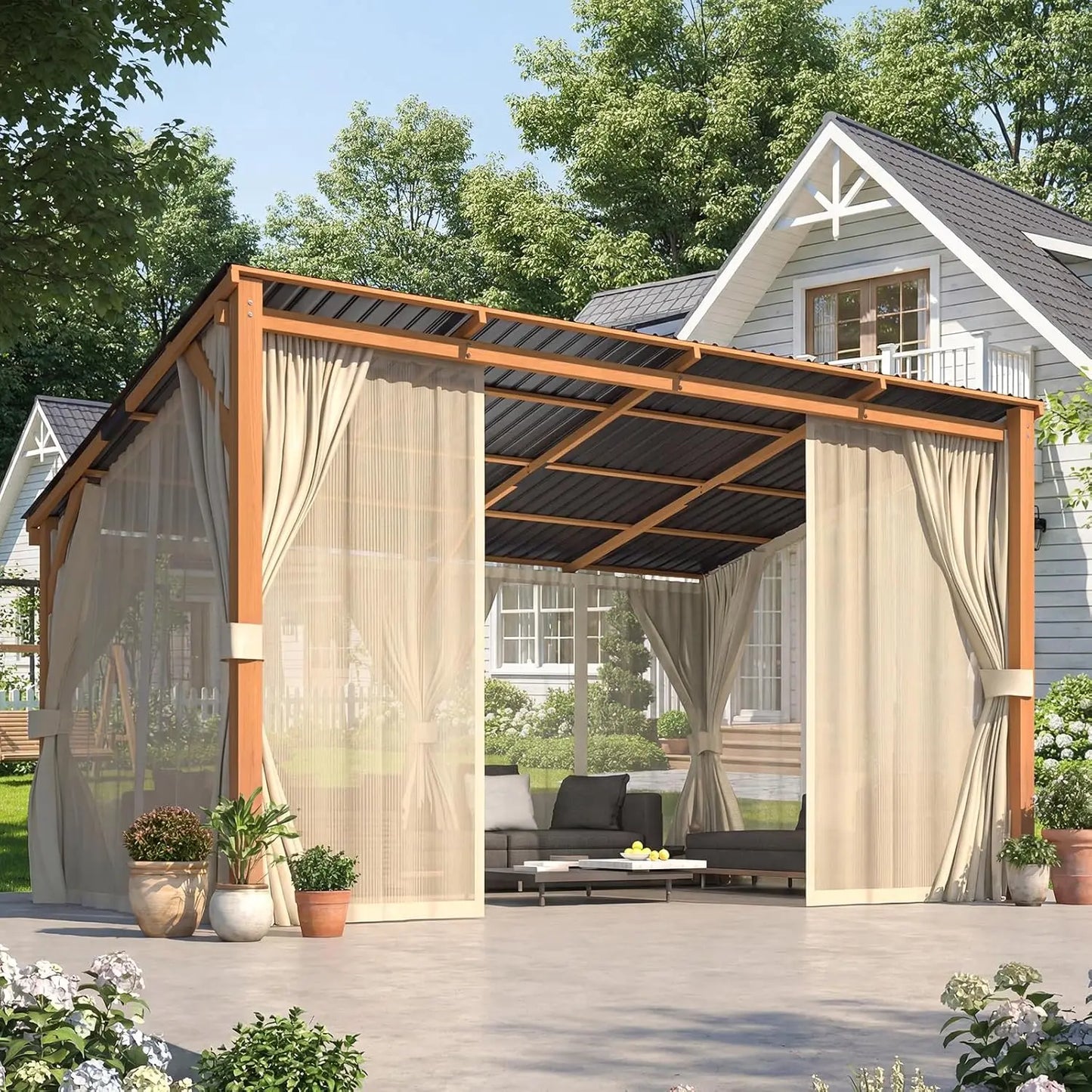 Hard Top Lean-to Gazebo Pergola Curtains & Netting Wall-Mounted Patio Deck Awning, Custom