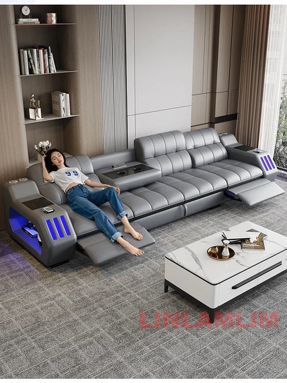 Modern Sectional Sofa Bed with LED Light, Electric Recliner and Massage | Living Room Genuine Leather Couch with Cup Holder, USB