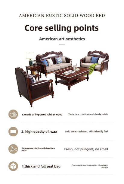 American pastoral all-solid wood sofa, European living room leather sofa, small household, coffee table type, combined light