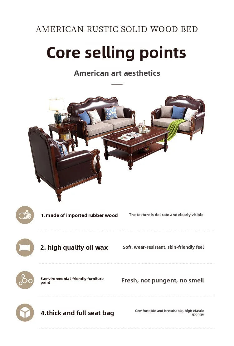 American pastoral all-solid wood sofa, European living room leather sofa, small household, coffee table type, combined light