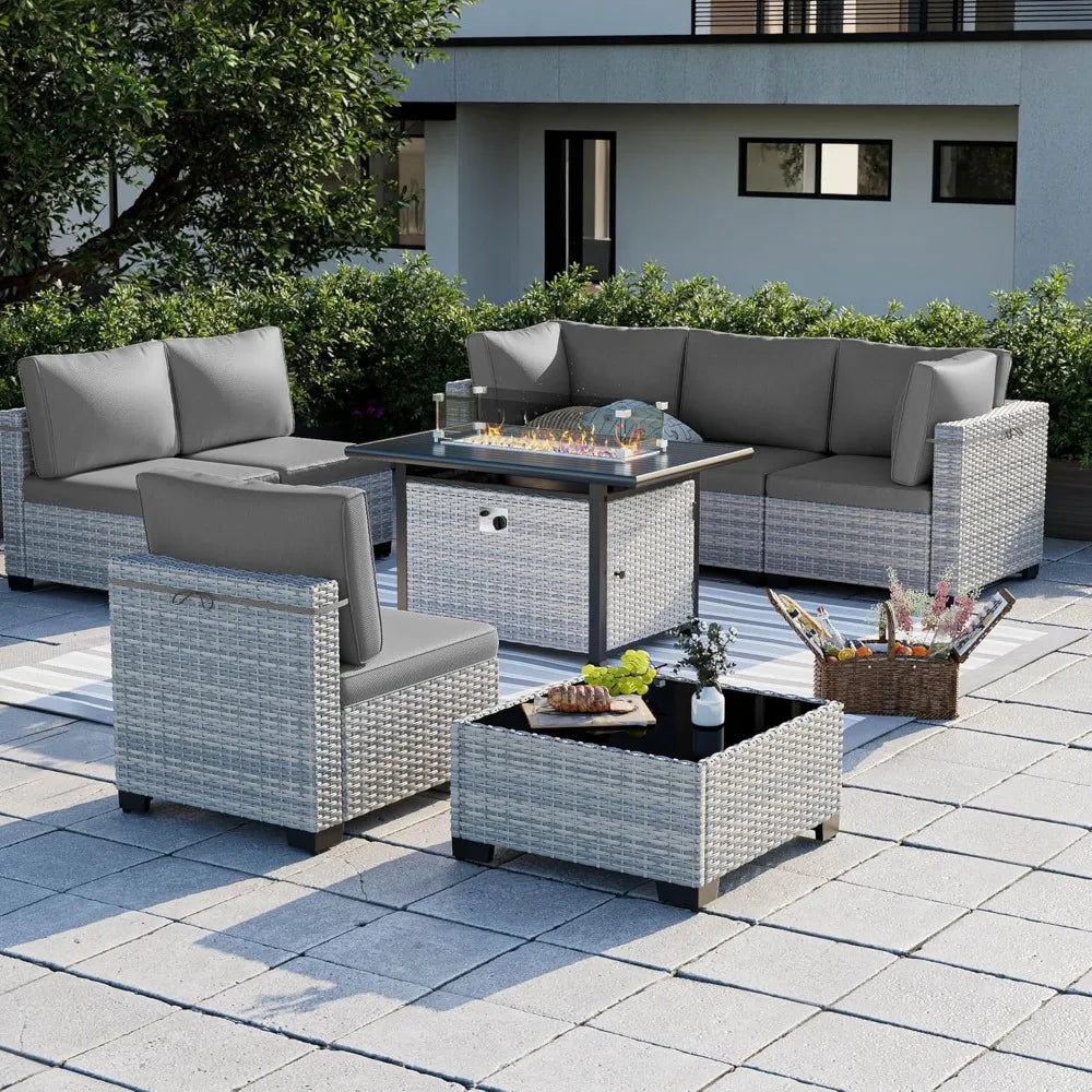Modern 8-Piece Patio Furniture Set with 55k BTU Fire Pit, Plush Cushions, Durable Wicker Rattan, Rust-Resistant Frame