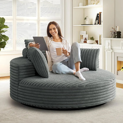 "Oversized 55 Inch Round Swivel Barrel Chair - 360 Degree Corduroy Upholstered Comfortable Chaise Lounge Chair for Indoor Use, M