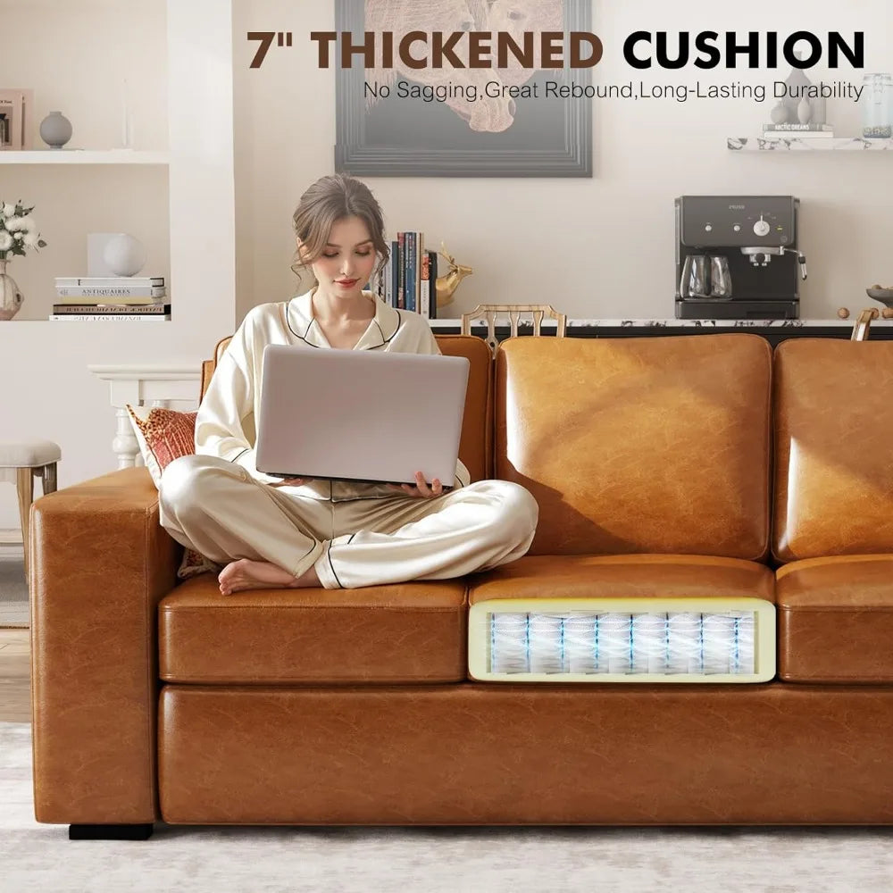 Brown Faux Leather 3-Seater Sofa for Living Room and Office, Modern Comfortable Couch for Apartments