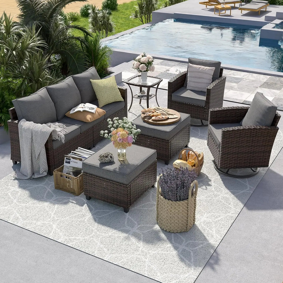 Patio Furniture Set, 6 Pieces Outdoor Sectional Couch with Swivel Rocking Chair, Gray Wicker Rattan Sofa with Side, Customized
