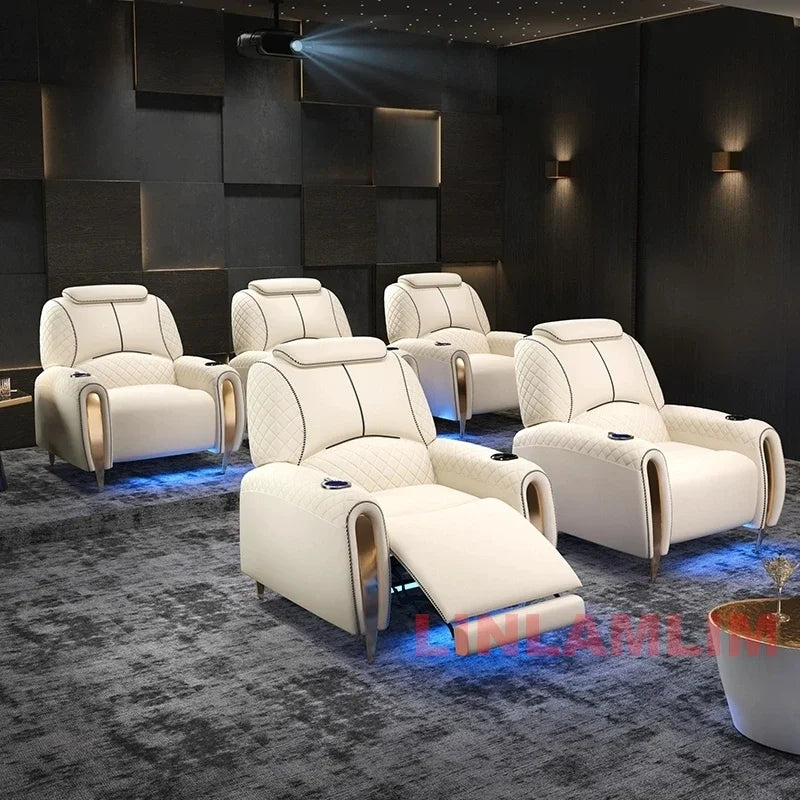 Luxury Electric Recliner Theater Seating Sofa – Modern Home Theater Chairs with LED Lighting, USB, Massage, Cooling Cup Holder