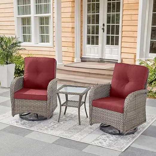 Patio Furniture Swivel Glider PE Wicker Chair, Outdoor Swivel Rocker Seating with Cushions for Porch Deck Balcony, Brown/Gray