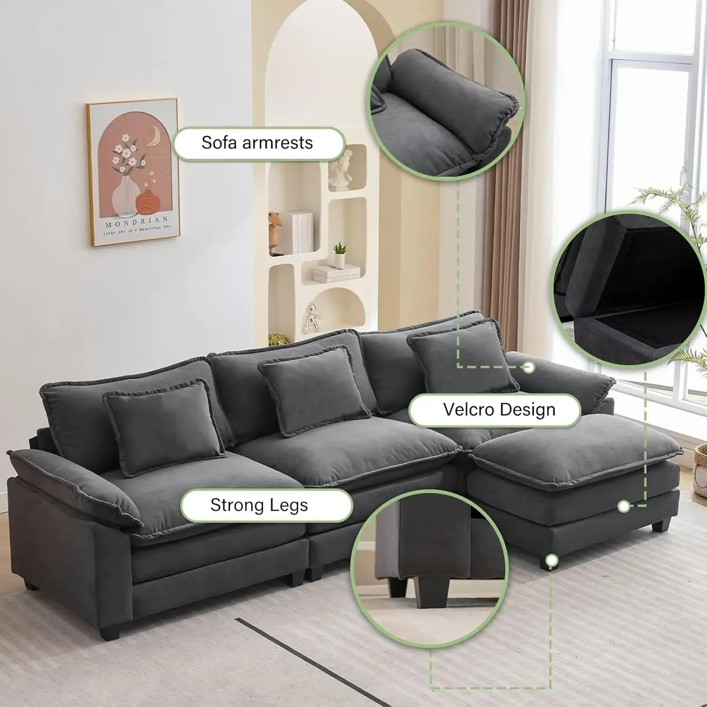# Hot L Shape Sofa Comfy Sectional Cloud Couch For Living Room With Pillows, Modern Velvet Sofa Sleeper Deep Couches With Ottoma
