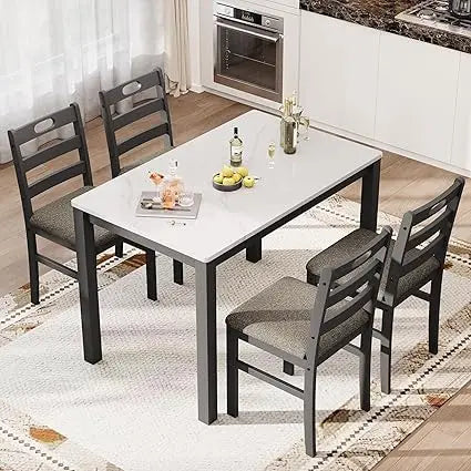Dining  Table Set For 4,Modern Farmhouse Kitchen Table Set,Faux Marble Dining Table And 4 Cushioned Chairs,Solid Rub