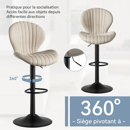 Chaise de bar 2 pièces, 360 °   Rotation, hauteur réglable, cuir artificiel rembourré avec dossier, adapté à la salle à manger
