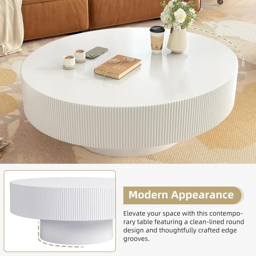 modern 31 inch round coffee table with sturdy base, wood center tables for living room reception room, easy assemble, white