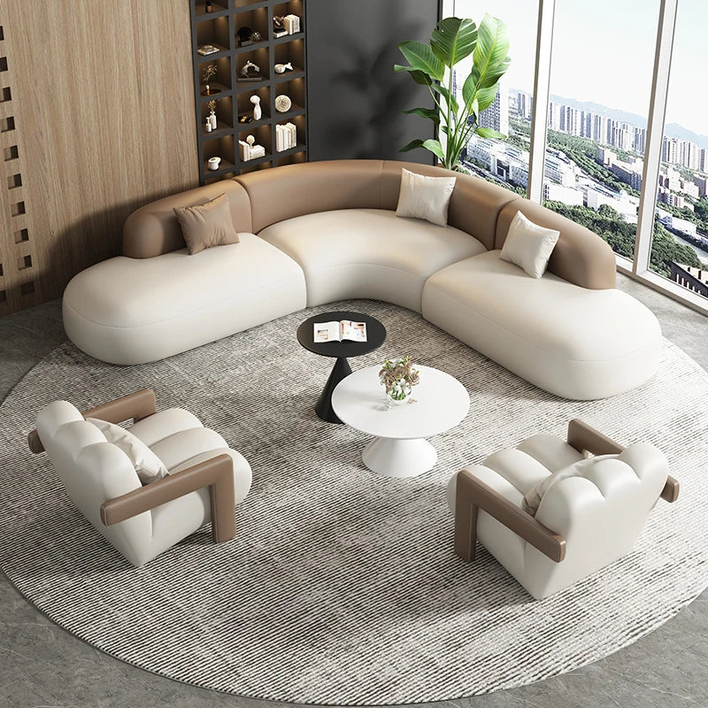 Curved Leather Corner Sofa Set with Solid Wood Frame, Modern Sectional Couches for Living Room, Comfortable Leather Couch Sets