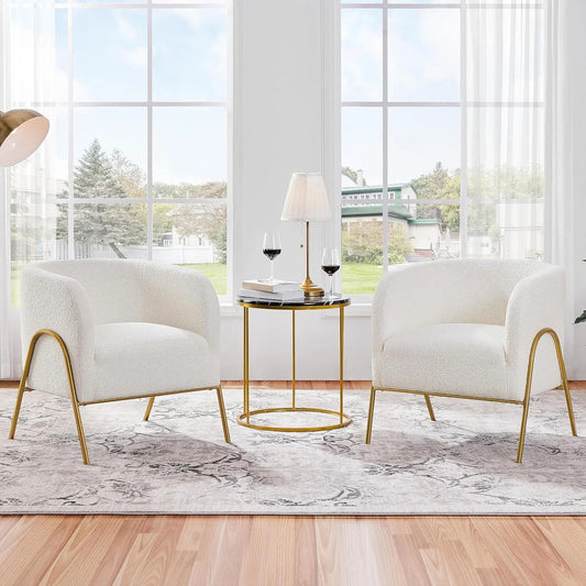 Set of 2, Armchair Set, Side Chairs for Living Room, Boucle Fabric Vanity Chairs with Gold Legs for Bedroom Office Readig Nook