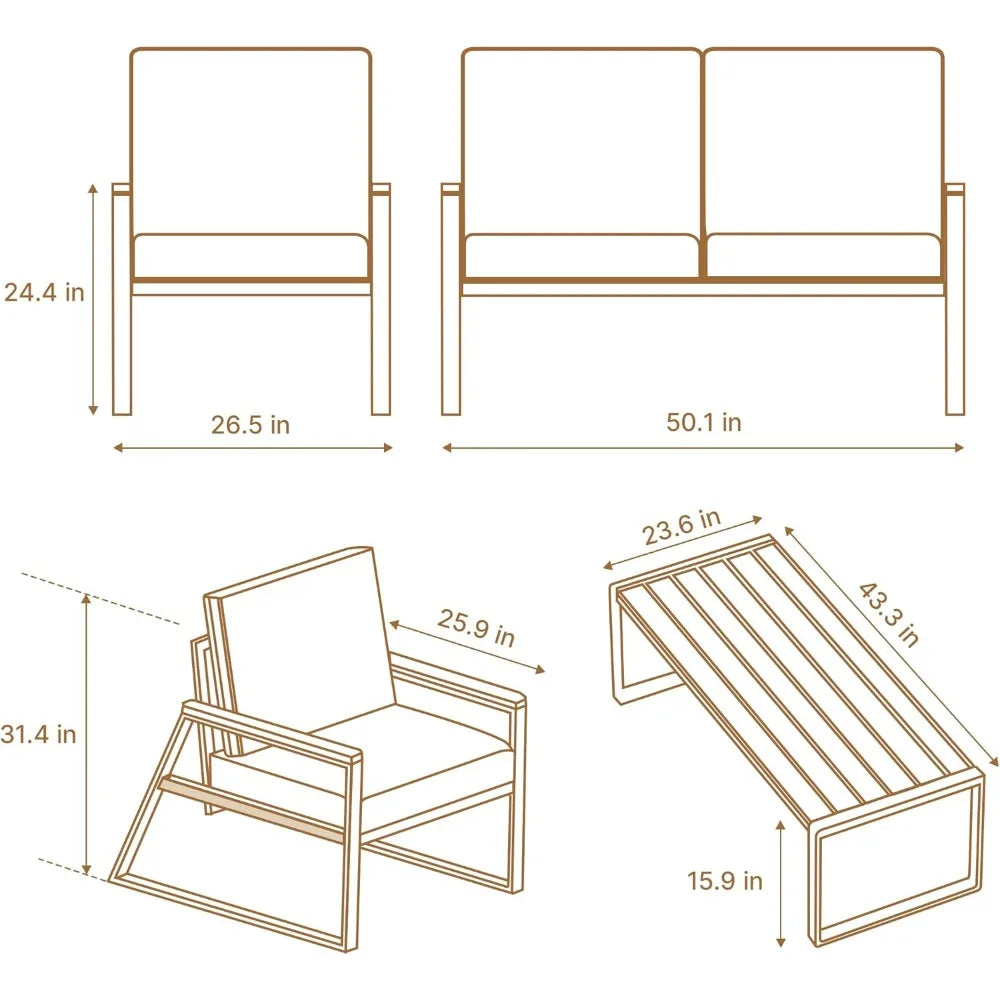 4-Piece Outdoor Patio Furniture Set with Coffee Table and Removable Cushions, Metal Patio Conversation Set for Family, Yard, Po