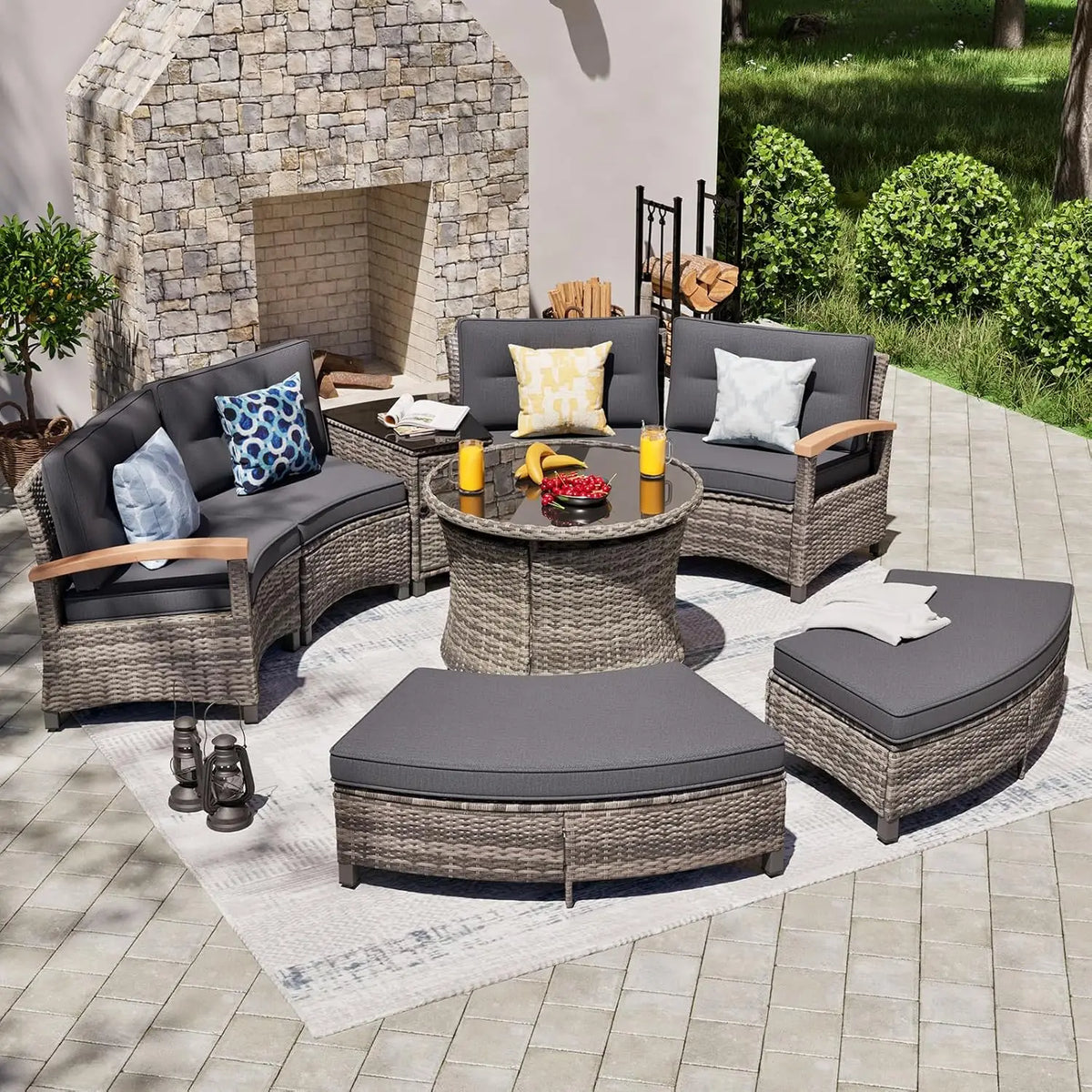 Half Moon Rattan Patio Conversation Set, Multi-Piece Outdoor Furniture