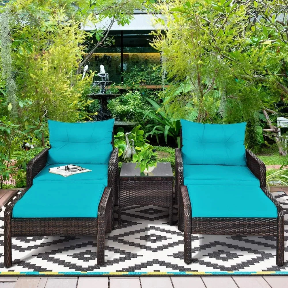 Wicker Furniture 5-Piece PE Wicker Rattan Outdoor Cushioned Sofa & Ottoman Set for Lawn, Pool, Balcony & Conversation A