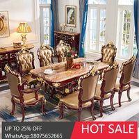 HLZ European Style Solid Wood Dining Table with Marble Top for Home Use, Villa Large Dining Table and Chair Set