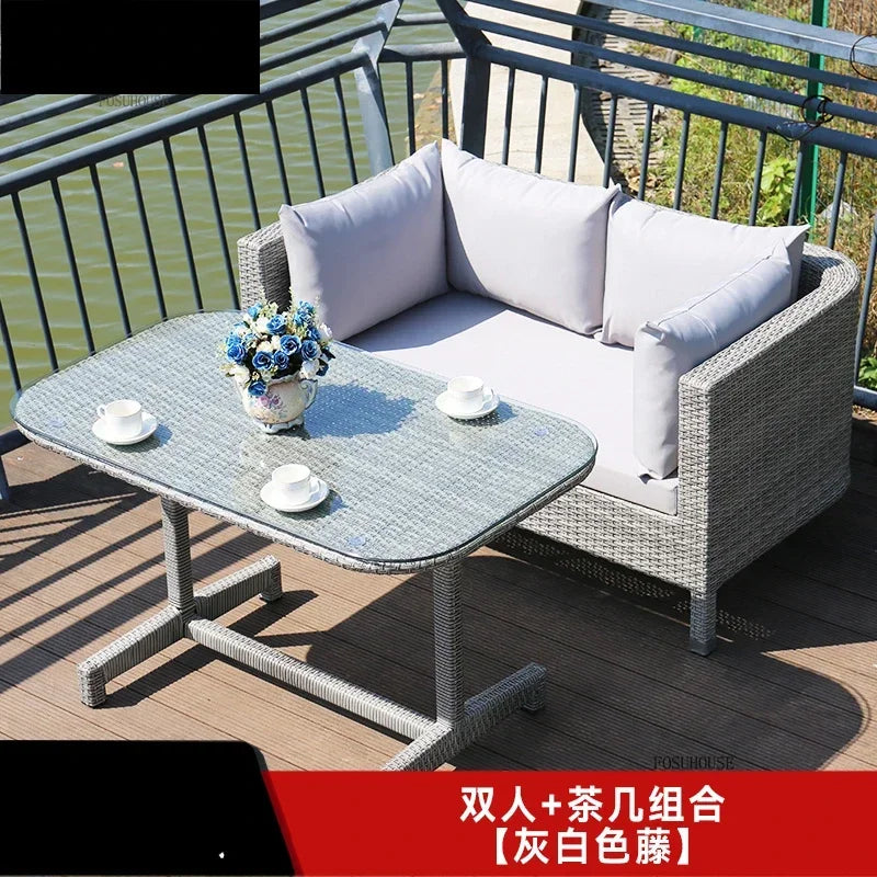 Nordic Outdoor Garden Sofas Leisure PE Rattan Garden Terrace Sofa Chair Set Courtyard Balcony Double Sofa Outdoor Furniture GG A