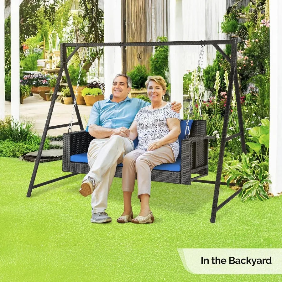 Outdoor Wicker Porch Swing With Stand Heavy Duty 800 LBS Rattan Hanging Set With Cushions 4FT for Yard Garden Lawn Black Durabl