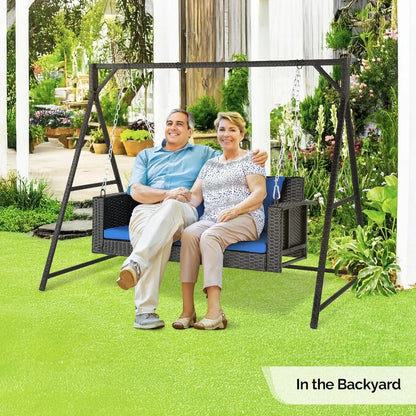 Outdoor Wicker Porch Swing With Stand Heavy Duty 800 LBS Rattan Hanging Set With Cushions 4FT for Yard Garden Lawn Black Durabl