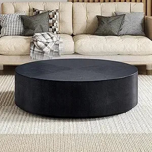 Round Coffee Table, Modern Black Side Table End Table for Living Room, Wood Circle Drum Coffee Table with Handcrafted Relief, Co