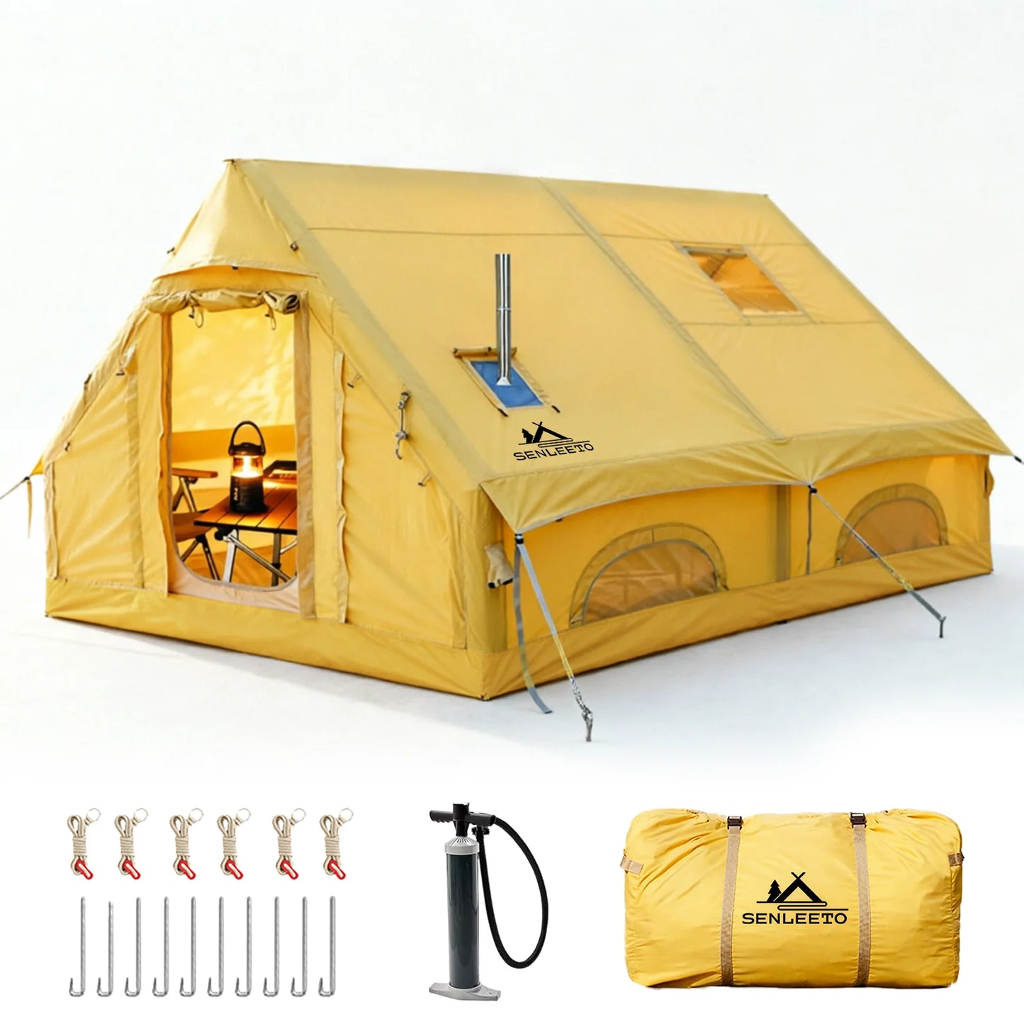 129 Square Feet Large Inflatable Camping Tent 6-8 Person,4 Season Waterproof Inflatable Tent House with AC Vent&Stove Jack