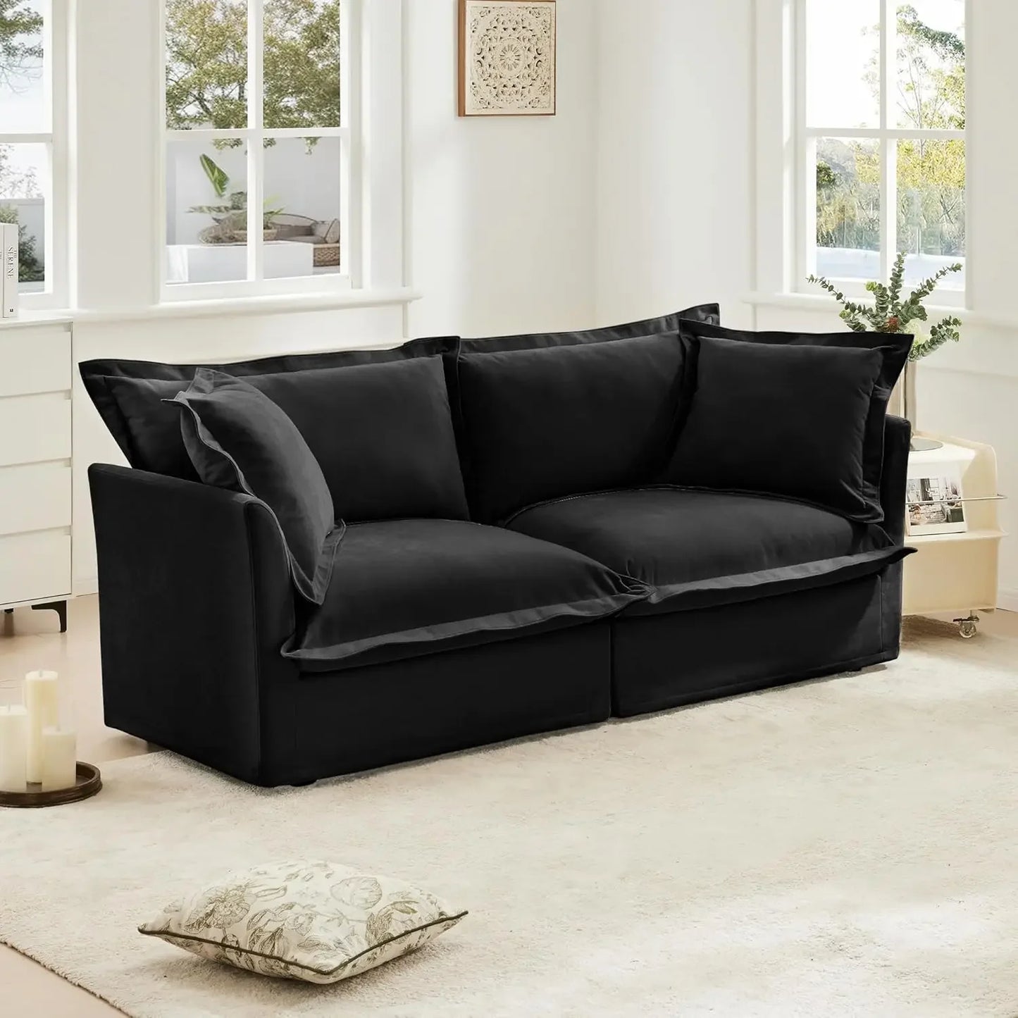 Comfortable modern three seater sofa with soft armrests, deep seated sofa with multiple soft large pillows