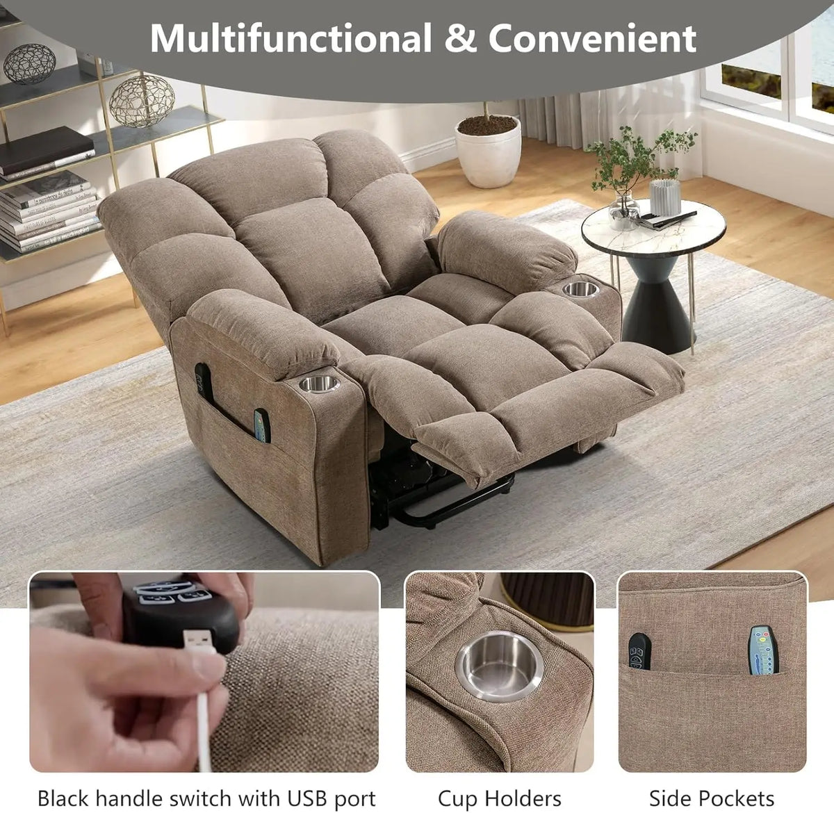 EBELLO Oversized Power Lift Recliner Chair for Elderly, Electric Recliner Chair with Massage and Heating with USB Port