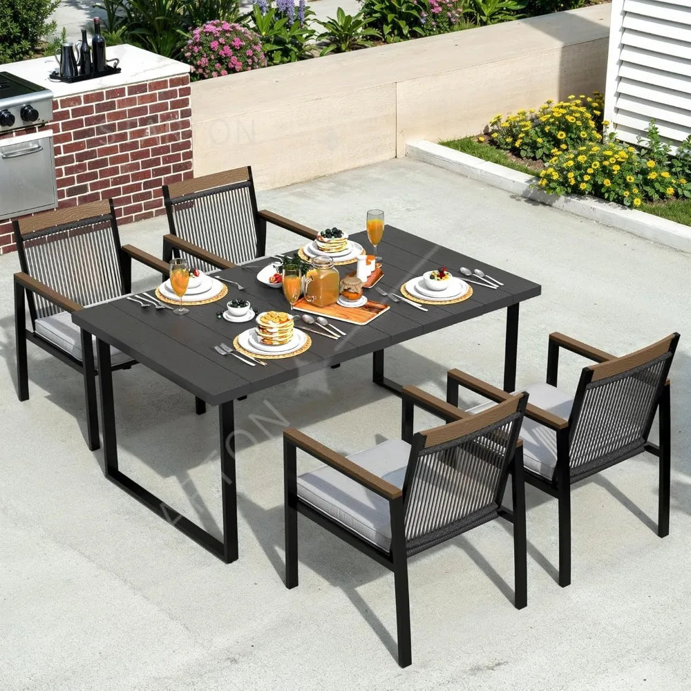 Outdoor Metal Dining Furniture Set with Umbrella Hole, Wood Grain Tabletop,，5-Piece Patio Dining Table and Chair Sets