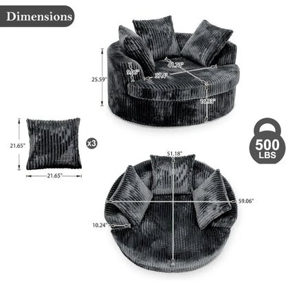 Oversized 59 Inch Indoor Chaise Lounge Chair, Round Corduroy Sofa Bed with Backrest and Throw Pillows