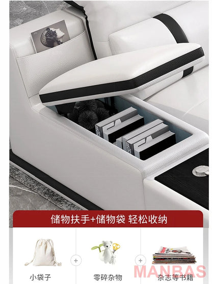 A38 Italy Genuine Leather Sectional Sofa with Bluetooth Speaker,Functional Headrest,Massage Chaise | L Shape Corner Couch