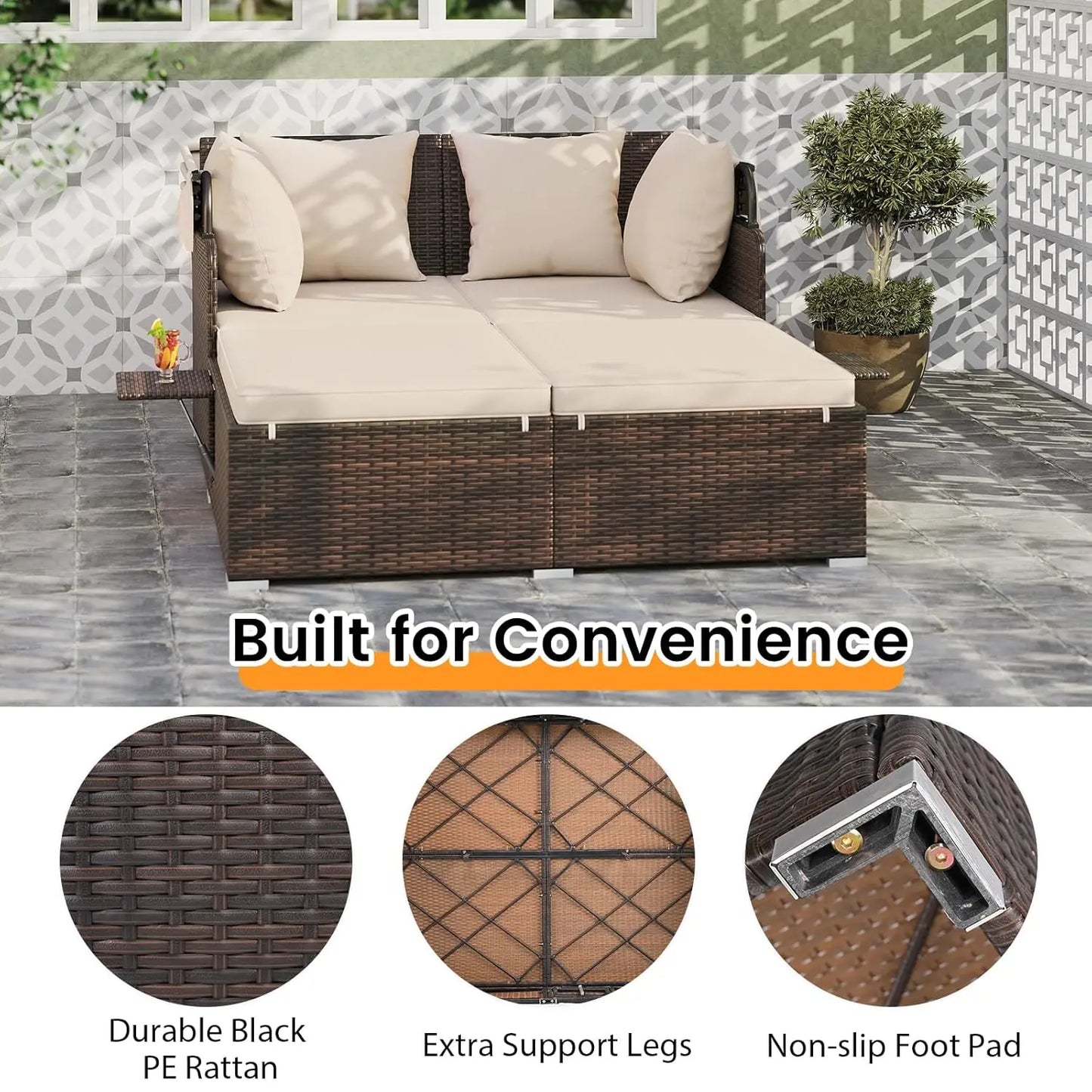 Outdoor Daybed, 2-Person Wicker Patio Sofa with Retractable Canopy, Cushions & Pillows, 2 Side Trays, PE Rattan Double, Custom