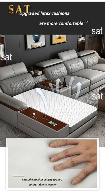 -Italian modern multifunctional sofa light luxury Faux Leather sectional sofa couch with USB charging and bluetooth speaker