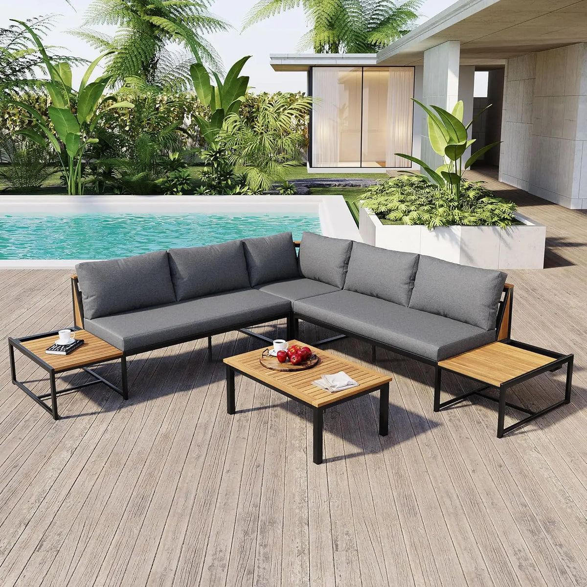 Modern L-Shaped Outdoor Conservation Sofa Set with Coffee Table, Acacia Wood Patio Sectional Sofa for Gardens,, Customized