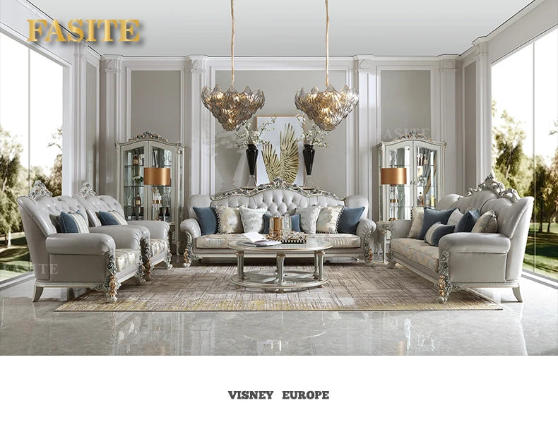 French light luxury living room large apartment first layer cowhide European solid wood carving flower three sofa combination