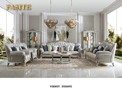 French light luxury living room large apartment first layer cowhide European solid wood carving flower three sofa combination
